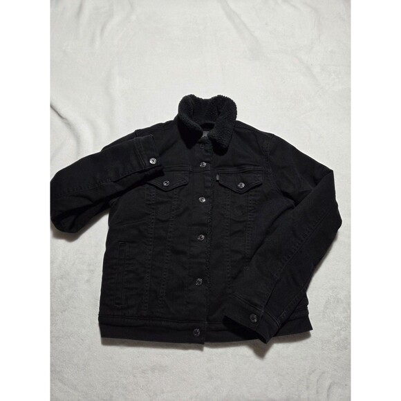 Womens Black Levis Strauss Sherpa Collar Trucker Denim Jean Jacket Small Petite - Picture 1 of 9